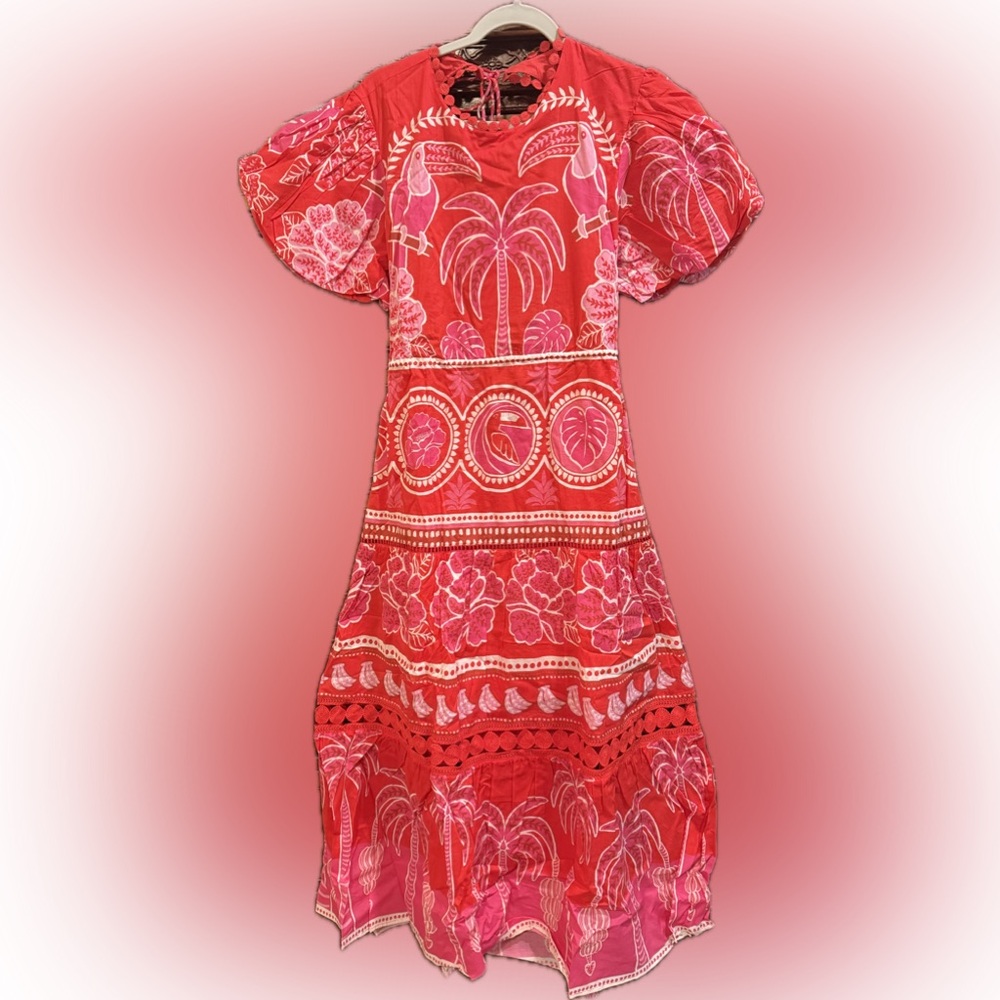 NWT FARM Rio Red Summer Sunrise Midi Dress